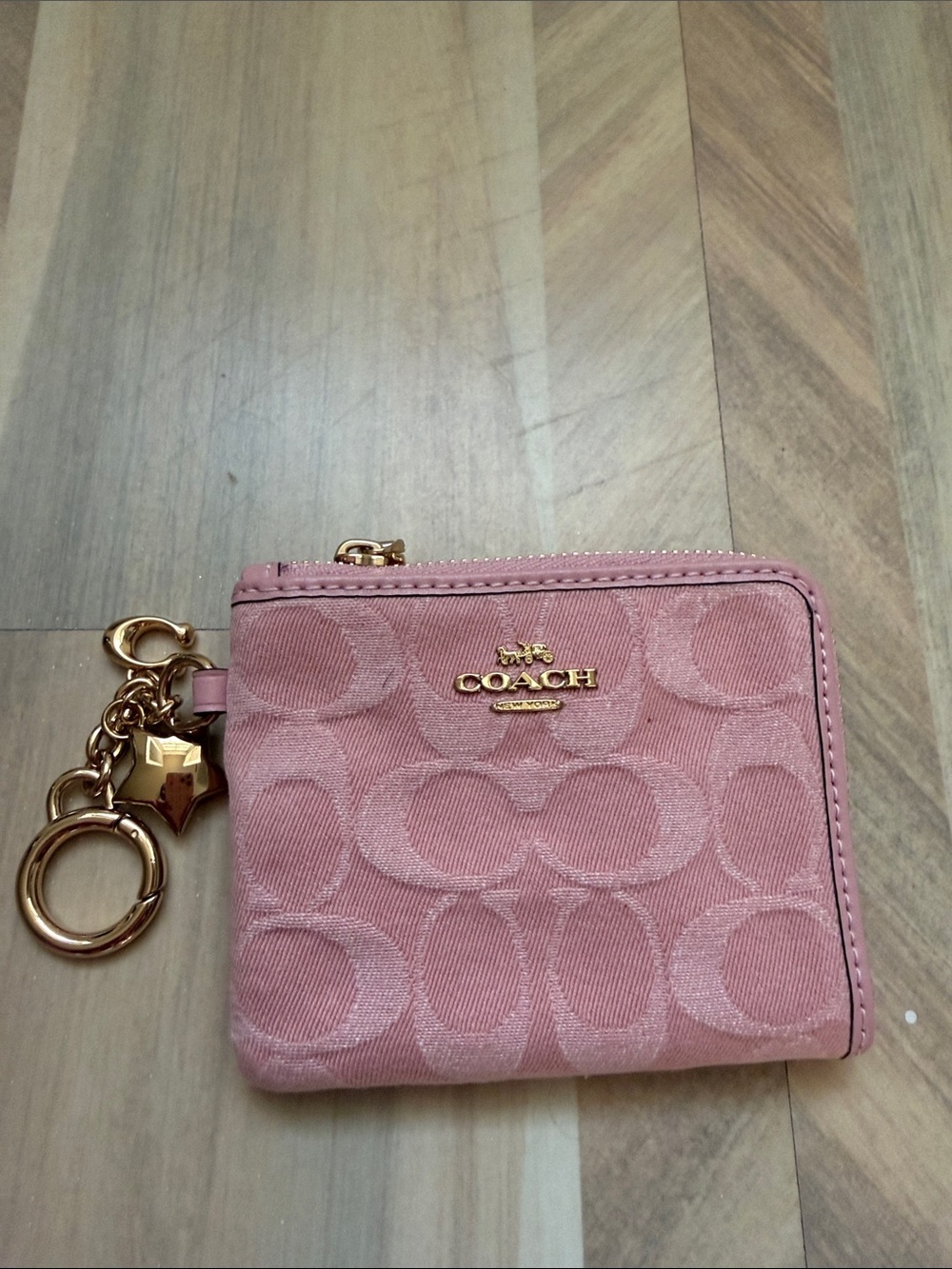Coach Pink Signature Zip Wallet with Gold Charm Keyring